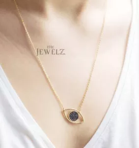 14K Gold 0.16 CT Sapphire Gemstone Evil Eye Charm Necklace Valentine's Day - Picture 1 of 4
