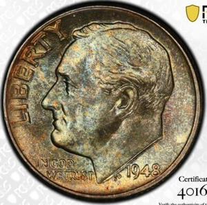 1948 MS66 Toned PCGS Roosevelt Dime Trueview Gold Shield - Picture 1 of 3