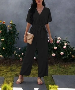 Supreme Fashion Black Pocket Short-Sleeve V-Neck Jumpsuit Size-XL - Picture 1 of 5