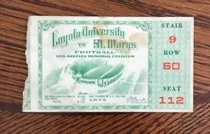TALÓN DE BOLETO DE FÚTBOL UNIVERSIDAD LOYOLA VS ST.MARYS OCT.11, 1936 - Imagen 1 de 1