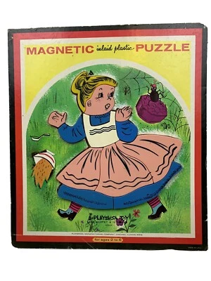 Quebra-cabeça embutido magnético vintage Playskool 6580A Miss silenciador 13 peças A8 - Imagem 1 de 4