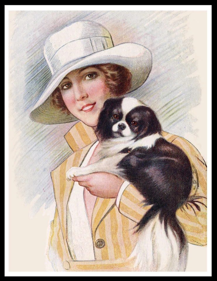 JAPANESE CHIN AND ELEGANT LADY LOVELY VINTAGE STYLE DOG ART PRINT POSTER - Image 1 of 1