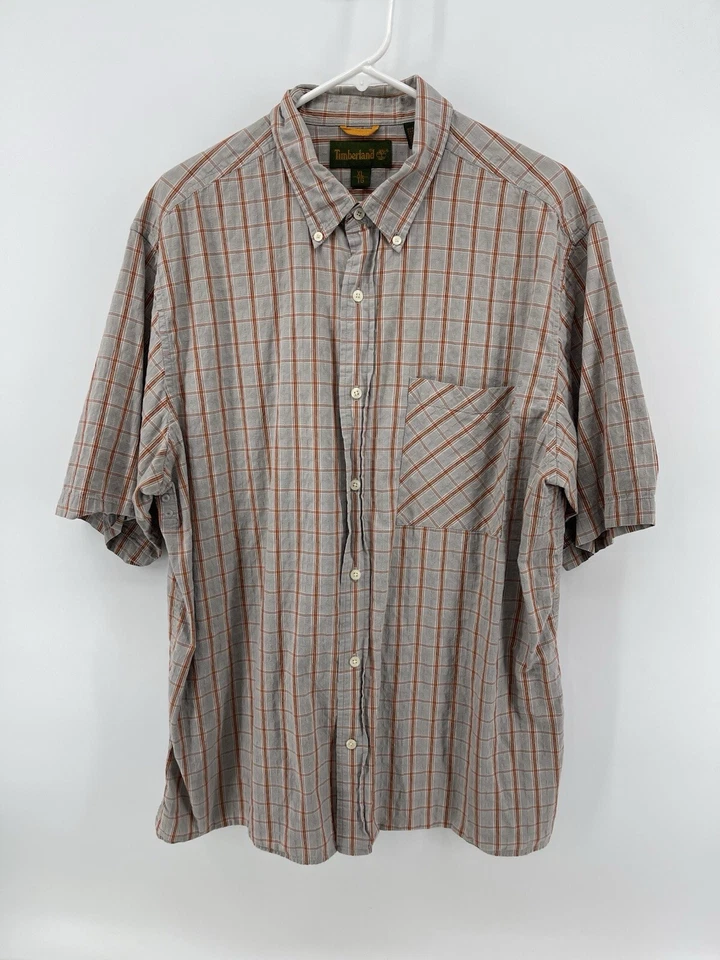 Camisa Timberland vintage con botones para hombre talla XL gris naranja a cuadros manga corta Foto 1 de 4