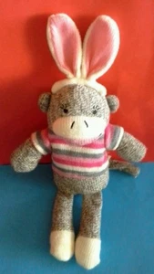 11" Dan Dee Gray Pink Striped Sweater SOCK MONKEY Bunny Rabbit Ears Plush GUC - Picture 1 of 1