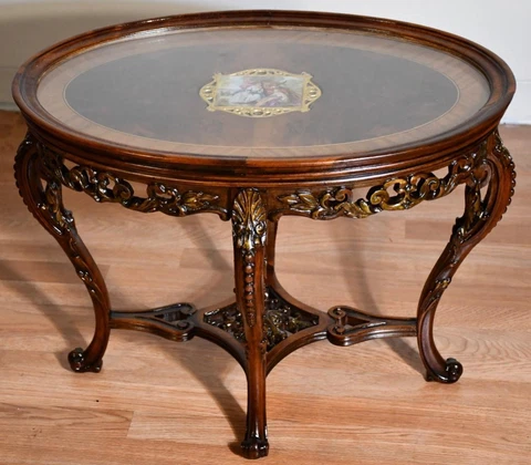 1920 Antique French Louis XV Walnut & satinwood Coffee table with Glass Tray top Cover