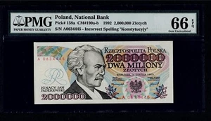 POLAND 2,000,000 ZLOTYCH 1992 P-158a INCORRECT SPELLING GEM UNC PMG 66 EPQ - Picture 1 of 3
