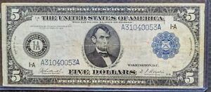 1914 $5 pięć dolarów banknot Rezerwy Federalnej Stanów Zjednoczonych duży niebieski banknot pieczęci