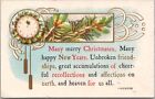 Vintage 1913 CHRISTMAS Postcard Clock / Pine Bough "Many Merry Christmases--"