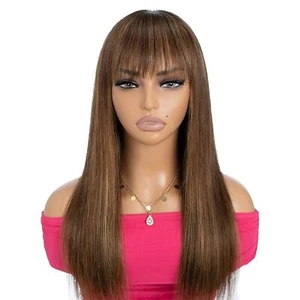 18 Inch Ombre Blonde Brown Straight Wig with Bangs, Glueless 100% Brazilian Hair - Picture 1 of 5