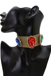Women Fashion Jewelry Gold Mesh Metal Choker Band Necklace Red Blue Green Beads - Picture 1 of 12