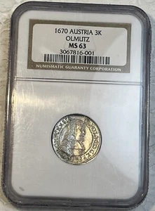 1670 Austria Silver 3 Kreuzer Olmutz NGC Certified MS 63 Coin 2nd Highest Grade - Picture 1 of 16