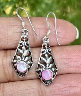 925 Sterling Silver + Mother of Pearl Handmade Oxidized Cutwork Earrings 4.71 gm - image 1 of 4
