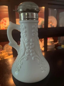 ANTIQUE Embossed Milk Glass Syrup Pitcher w/ WORKING Metal Lid from late 1800s - Picture 1 of 12