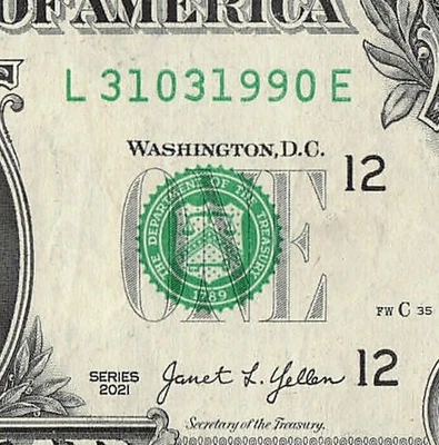 MARCH 31 1990 Birthday Fancy Serial Number Date Note One Dollar Bill 03 31 1990 - Image 1 of 4