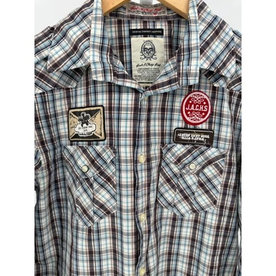Just A Cheap Shirt Mens Plaid Long Sleeve Button Down Shirt Patches Size M - Image 1 of 4