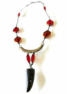 29.5” inch Handmade Red Glass Bead Necklace w/ Wood Pendant Unique One Of A Kind - Picture 1 of 4