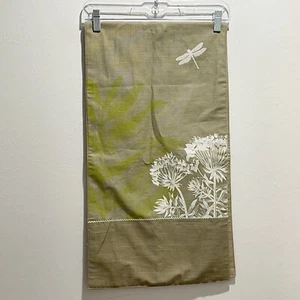 Linen Blend Beige Green Printed Embroidered Table Runner Dragonflies Flowers - Picture 1 of 7