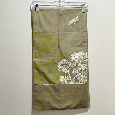 Linen Blend Beige Green Printed Embroidered Table Runner Dragonflies Flowers - Image 1 of 4