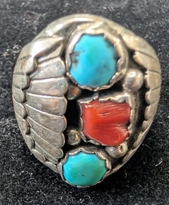 Vintage Navajo Sterling Silver Shell Coral & Turquoise Men's Ring Size 11 - Picture 1 of 4