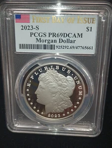 2023-S 1 $ 0,999 Feinsilber Morgan Dollar Proof PCGS Ersttagsausgabe PR69 DCAM - Bild 1 von 1