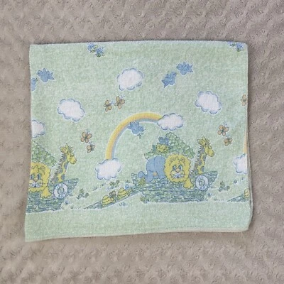 Manta de recepción de bebé vintage Noah's USS Ark azul verde león jirafa arco iris Foto 1 de 4