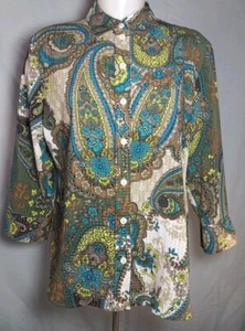 Camicia donna Alia Petite blu verde floreale stampa paisley bottoni davanti taglia 6P - Foto 1 di 6