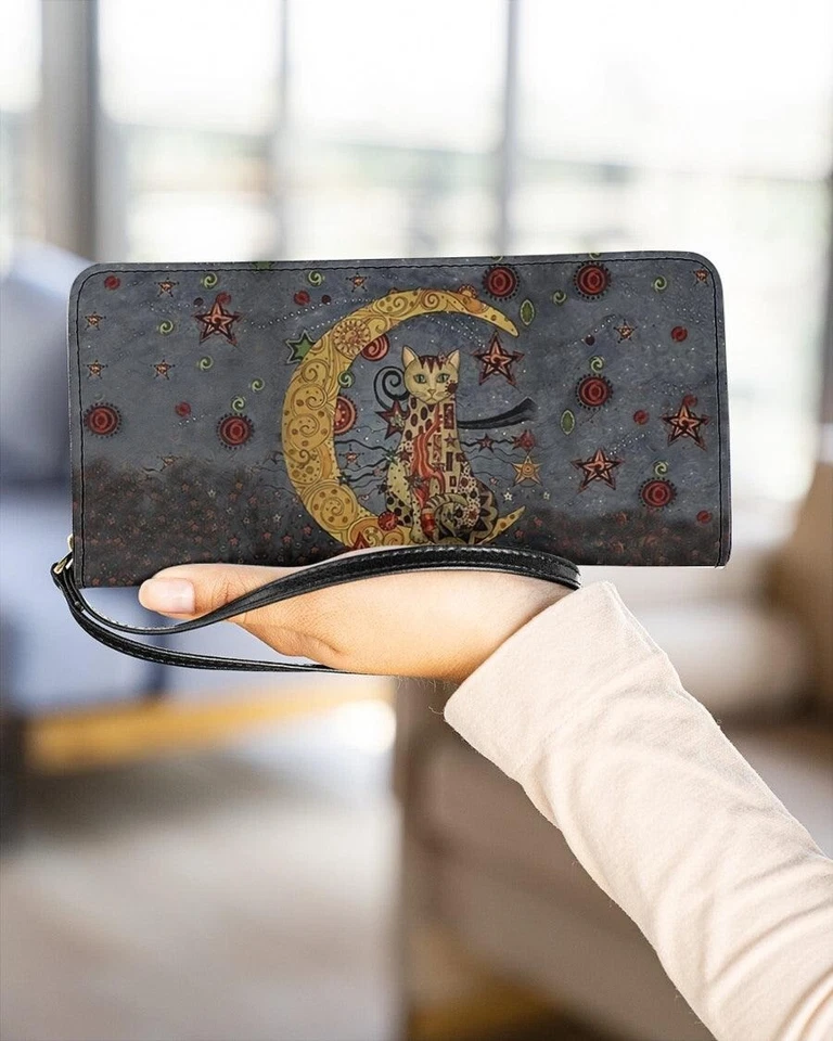 Cartera sin asas personalizada de cuero PU para gatos en la luna, billetera regalo para amantes de los gatos Foto 1 de 3
