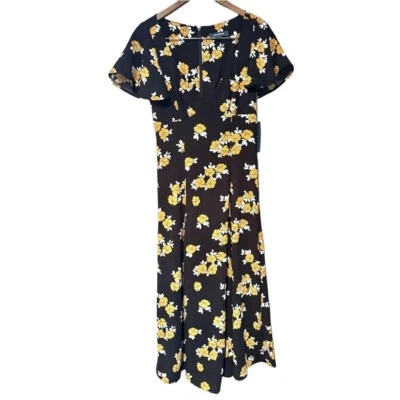 ModCloth Floral Flutter Sleeve V Neck Maxi Dress Black Yellow Size 6 NWT - Image 1 of 4