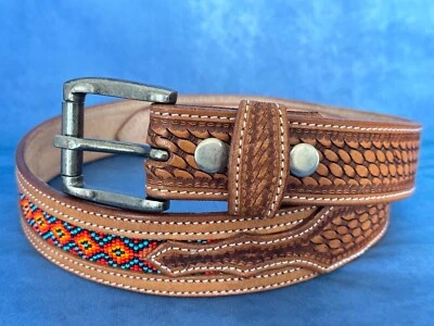 Western Belt Handmade Embossed Full Grain Leather Heavy Duty With Removal Buckle - Image 1 of 4