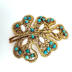 Vintage Swoboda Brosche goldfarben Blatt Türkis & weißer Opal Cabochon Steine - Bild 1 von 10