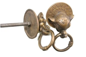 2 ELEPHANT handle KNOB aged old  Brass PULL ring  knob kitchen 2 1/4" heavy - Picture 1 of 11