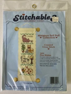 VTG 1990 Stitchables Counted Cross Stitch Kit Mini Bell Pull #72022 Five Kitties - Picture 1 of 4