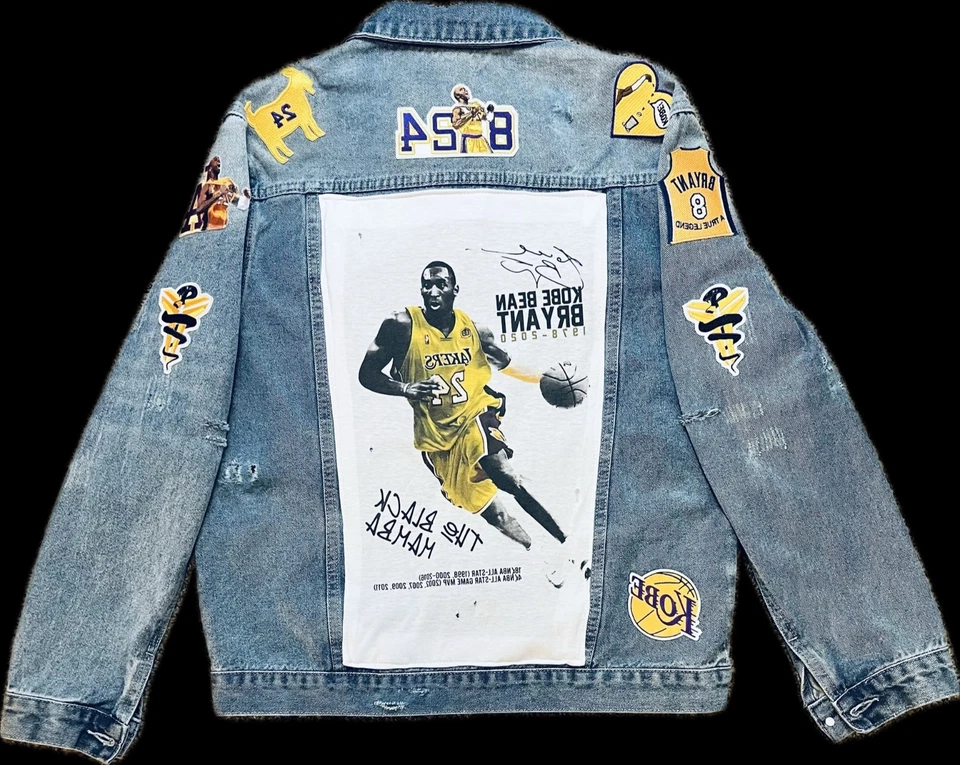 Chaqueta de mezclilla hecha a mano Kobe Bryant Tribute: retazos de mamba negros Lakers Foto 1 de 4