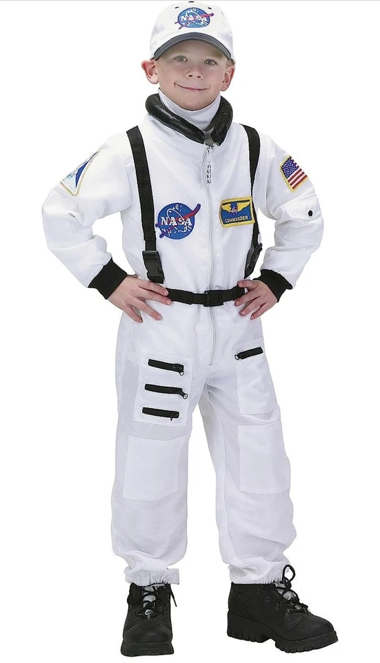 Astronaut Jumpsuit - White w/ Cap Dress Up Pretend Play Size 4-6 Child Costume - Image 1 of 3