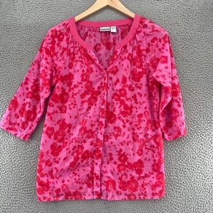 Chicos Top Womens 1 US Medium Pink Floral 3/4 Sleeves Button Up Ruched Casual - Picture 1 of 11