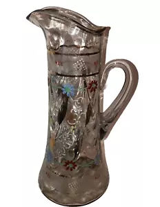 Antica brocca limonata trasparente vetro smaltato boemo oro dorato e fiori - Foto 1 di 11