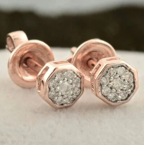 14K Rose Gold Cluster Set Diamond Stud Earrings Minimalist Diamond Earrings Gift - Picture 1 of 12