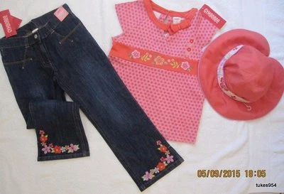Gymboree Tea Graden Floral Pink Orange Top Shirt Denim Pants Jeans Hat 6 NWT New - Image 1 of 4