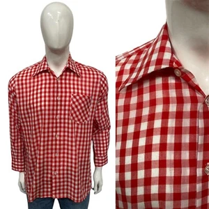 Vintage 70s Grand Col Chemise L Pointu Poignard Vichy Rouge Blanc Carreaux 1970s - Picture 1 of 7