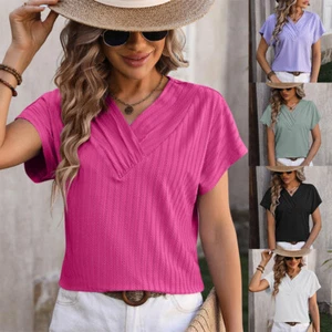 Summer V-neck Short Sleeves Jacquard Women's Clothing Top T-shirt Fallow - Picture 1 of 11