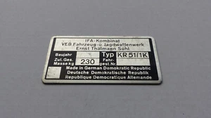 Typenschild Simson Schwalbe KR51/1K Plakette 230kg IFA VEB, blanko, Original DDR - Bild 1 von 1