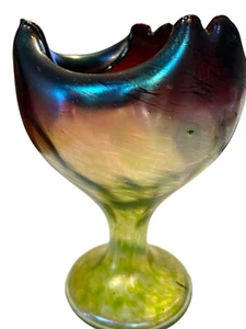 Antike Rindskopf Pepita irisierende gestreifte böhmische Kunst Glas Vase Austria - Bild 1 von 7