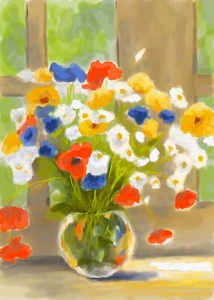 ACEO ATC Art Card Painting Print Signed Floral Flowers Flower Daisy Poppy - Picture 1 of 1