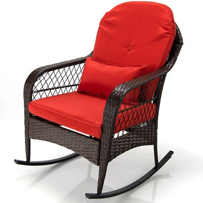 GAINOOM Outdoor Garden Rattan Furniture Set Wicker Metal Rocking Armchair w/Red Cushions