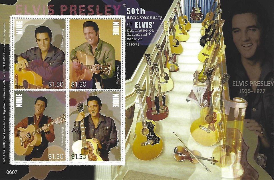 Hoja de 4 estampillas de recuerdo Niue de Elvis Presley de $1,50 2007 1086-89 Graceland 50 Foto 1 de 4