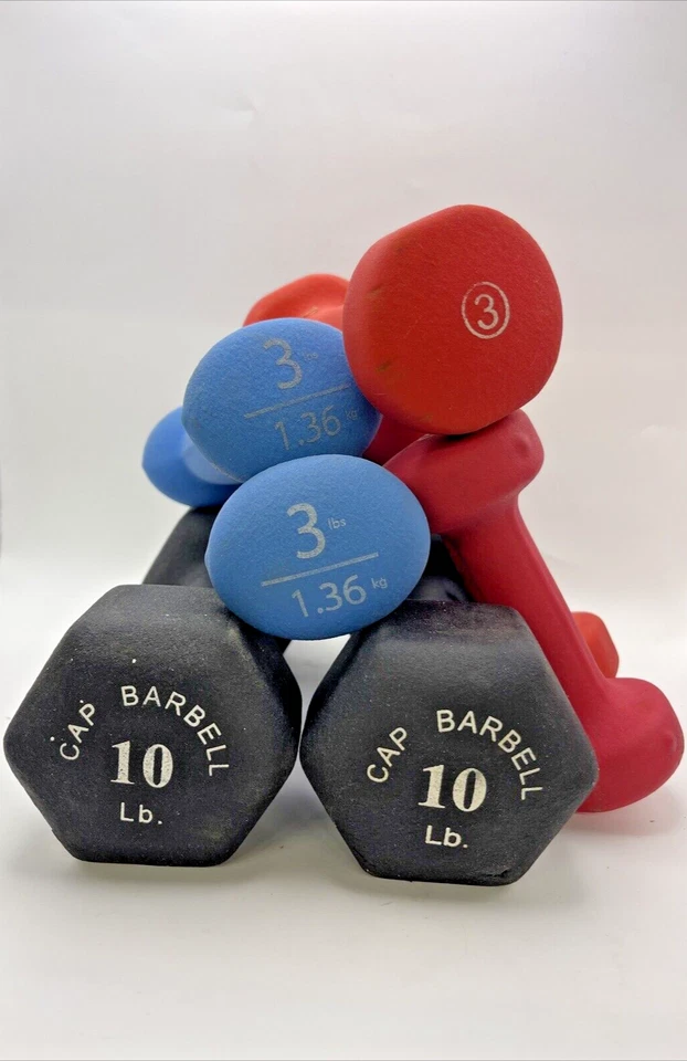 Лот из 7 штанг ГАНТЕЛИ 34 фунта всего две 10 фунтов крышка, четыре 3 фунта один 2 фунта. - Изображение 1 из 1