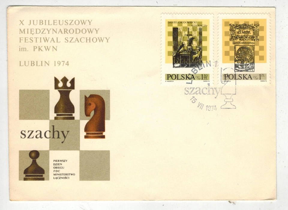 FESTIVAL DE AJEDREZ DE POLONIA 1974 CANCELAR Y BONITAS PIEZAS DE AJEDREZ y caché Foto 1 de 1