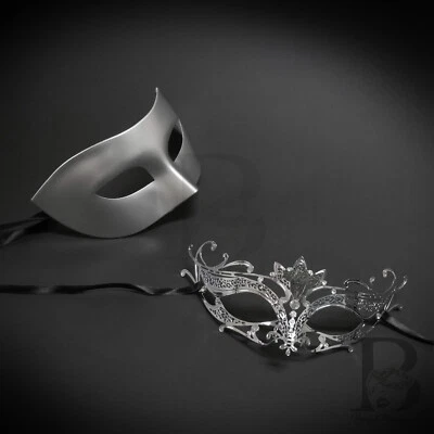 Masquerade Mask for Couples Silver Luxury Venetian Couples Masks W7344, M33144 - Image 1 of 4