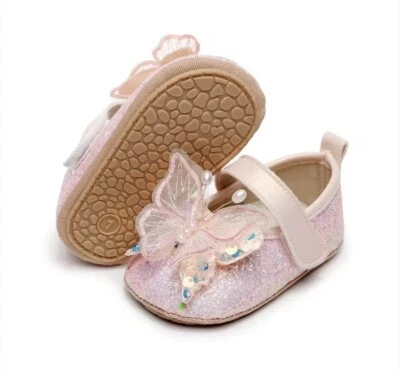 Pink or Blue 3D Butterfly Baby Girls Glitter Princess Dress Shoes | Sizes: 0-18M - Image 1 of 4