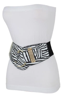 Women Black White Zebra Faux Leather Stretch Fabric Belt Gold Hook Buckle S M - Image 1 of 4